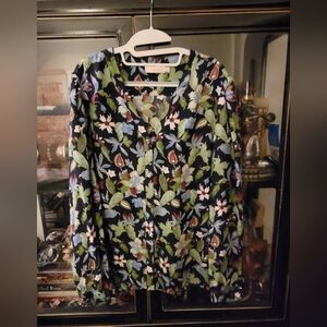 Tory Burch Black Floral Button-Front Blouse with Green & Blue Print